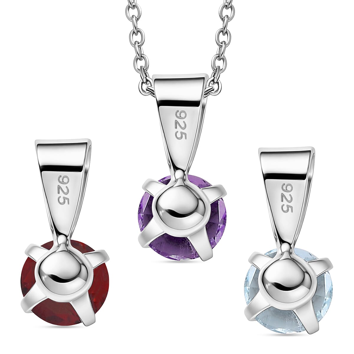 Set of 3 - African Amethyst, White Topaz &amp; Red Garnet Solitaire Pendant in Platinum Overlay Sterling Silver with Chain (Size 20) 1.72 Ct. V32513502 5