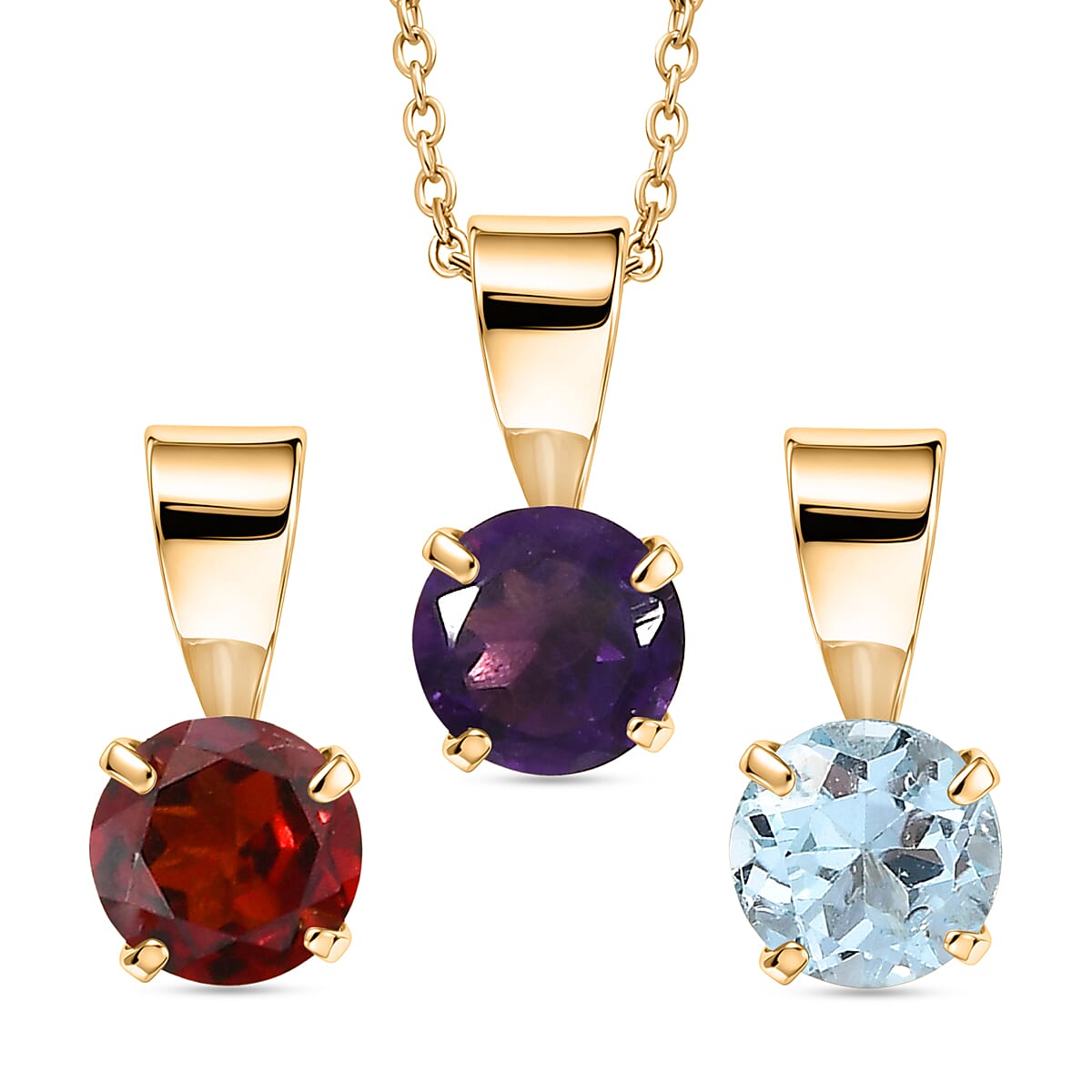 Set of 3 - African Amethyst, White Topaz &amp; Red Garnet Solitaire Pendant in Yellow Gold Plated Sterling Silver with Chain (Size 20)  1.72 Ct. 4458139 0