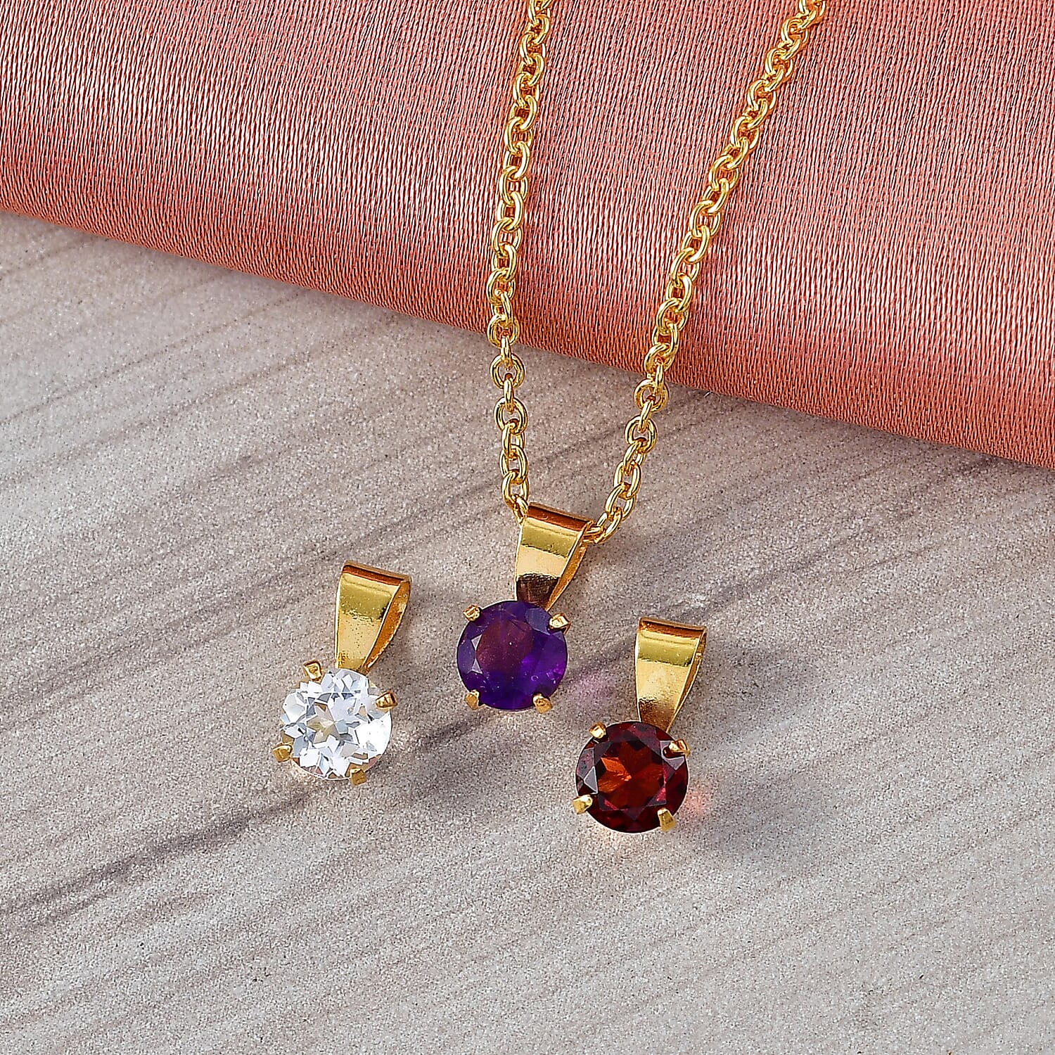 Set of 3 - African Amethyst, White Topaz &amp; Red Garnet Solitaire Pendant in Yellow Gold Plated Sterling Silver with Chain (Size 20)  1.72 Ct. 4458139 3