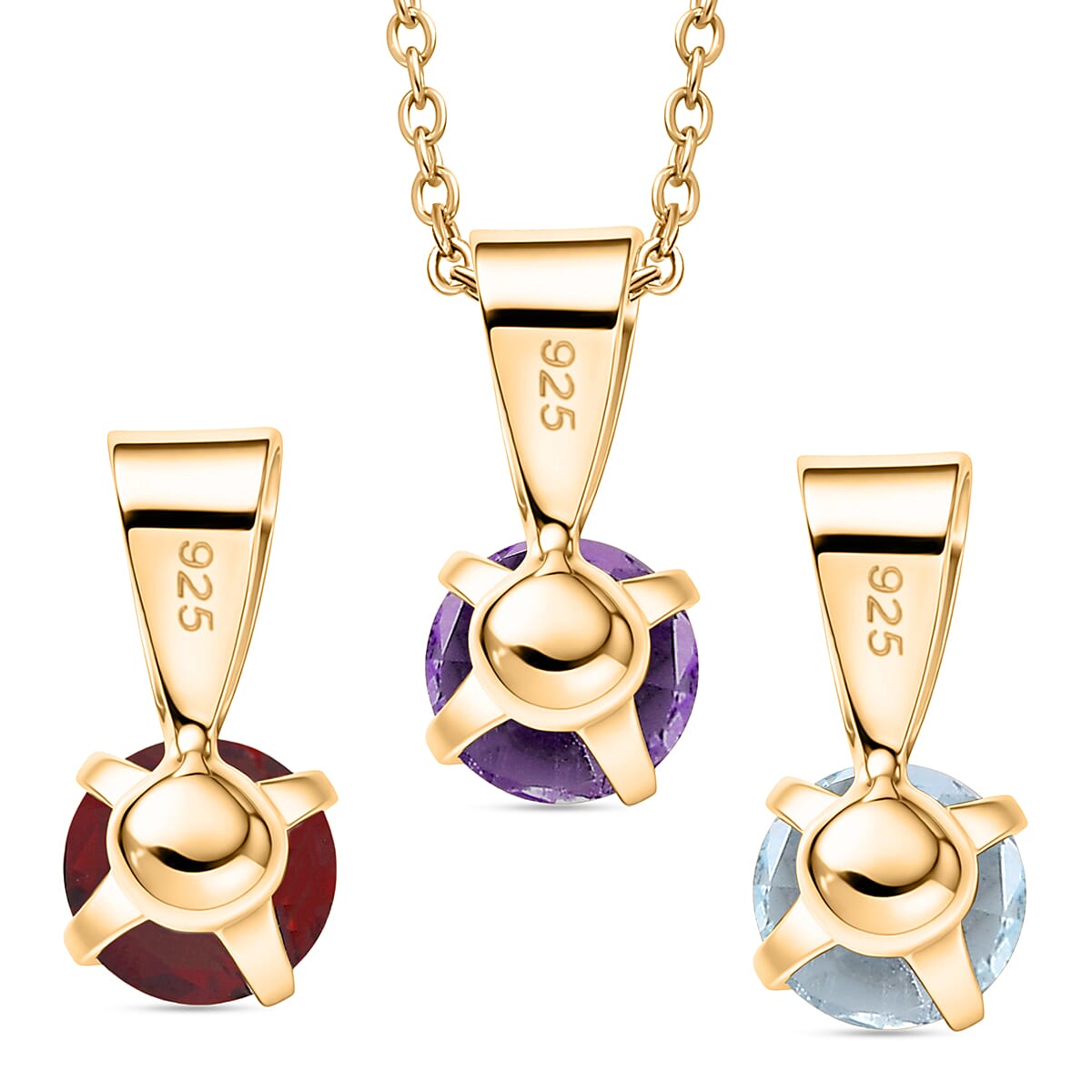 Set of 3 - African Amethyst, White Topaz &amp; Red Garnet Solitaire Pendant in Yellow Gold Plated Sterling Silver with Chain (Size 20)  1.72 Ct. 4458139 5