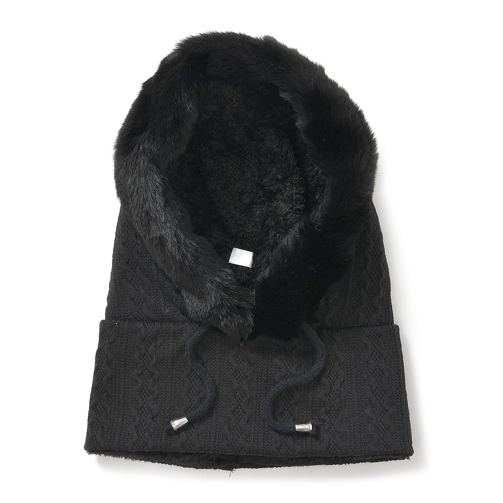 3-in-1 Cosy Warm Plush Faux Fur Sherpa Lined Winter Hat Scarf - Black