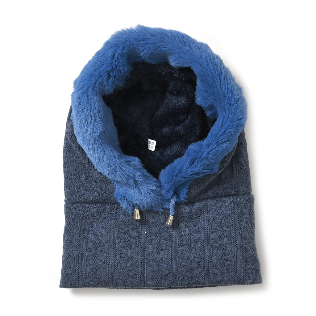 3-in-1 Cosy Warm Plush Faux Fur Sherpa Lined Winter Hat Scarf  - Navy