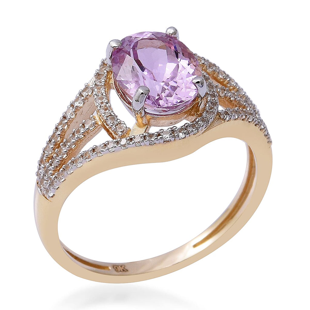 9K Yellow Gold AA Kunzite and Natural Cambodian Zircon Ring 3.01 Ct.