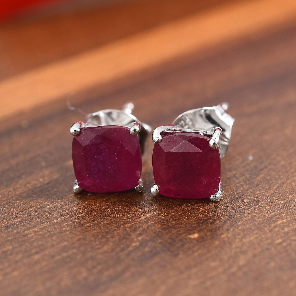 African Ruby Stud Earrings with Push Back in Platinum Overlay Sterling Silver 3.25 Ct.