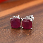 African Ruby Stud Earrings with Push Back in Platinum Overlay Sterling Silver 3.25 Ct.