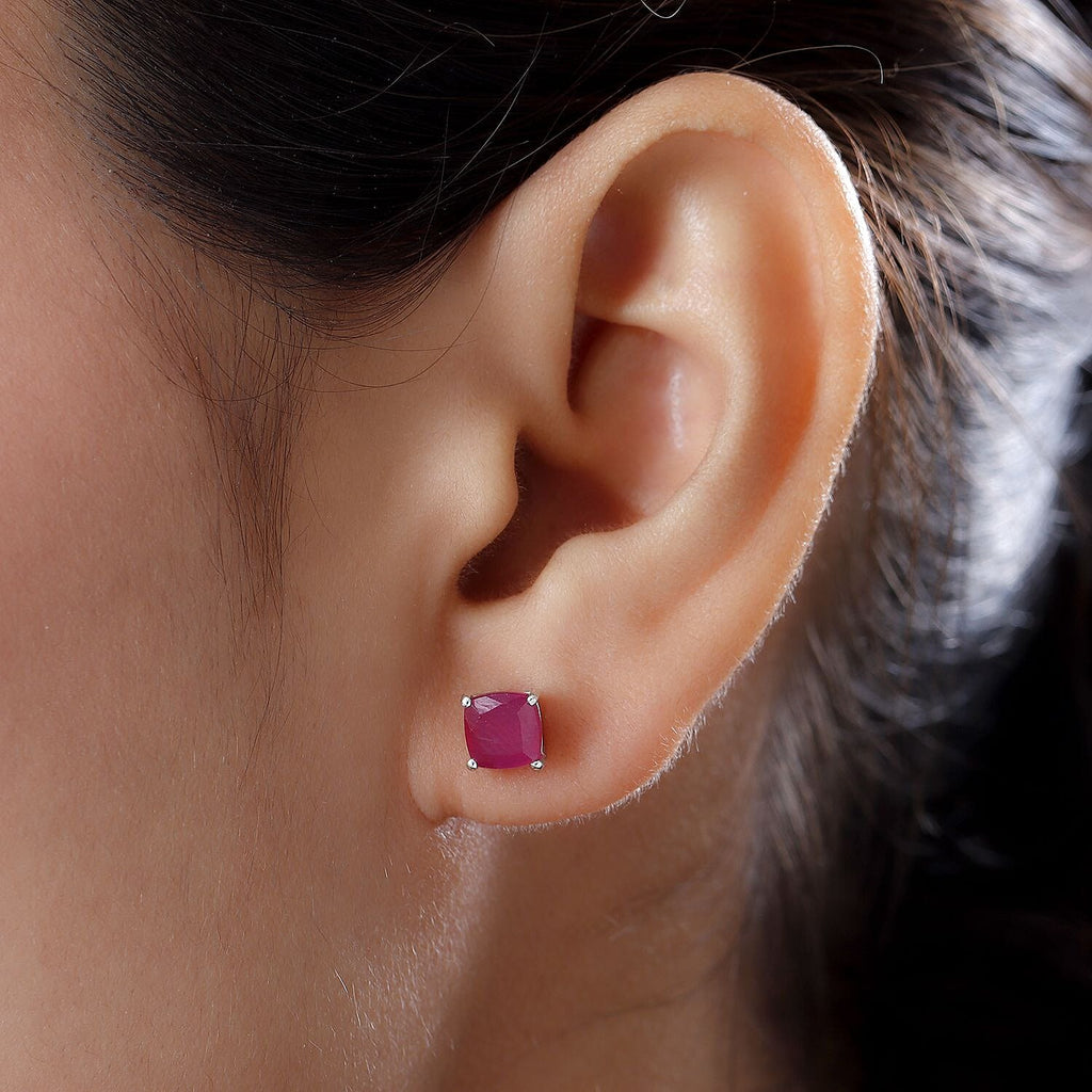 African Ruby Stud Earrings with Push Back in Platinum Overlay Sterling Silver 3.25 Ct.