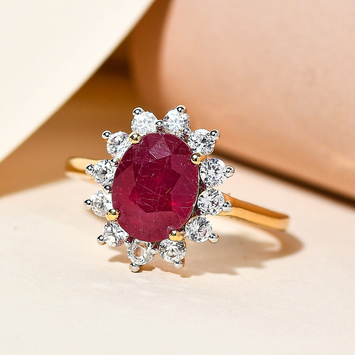 3.25 Ct. Ruby and Natural Cambodian Zircon Princess Diana Inspired Halo Ring in 18K Yellow Gold Vermeil Plated Sterling Silver 3767690 2