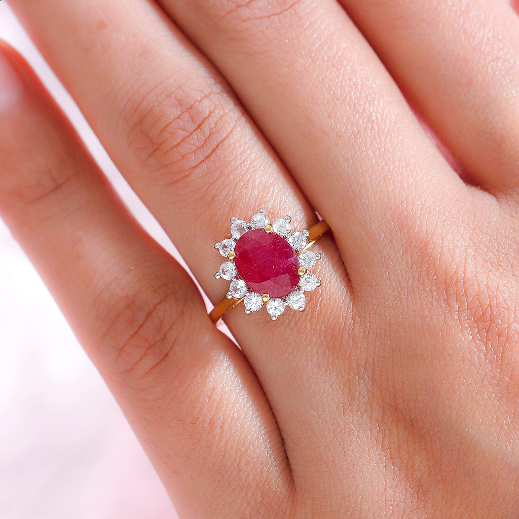 Royal Bali Collection - D'Joy African Ruby & Natural Zircon Halo Ring in 18K Vermeil Yellow Gold Plated Sterling Silver 3.61 Ct.