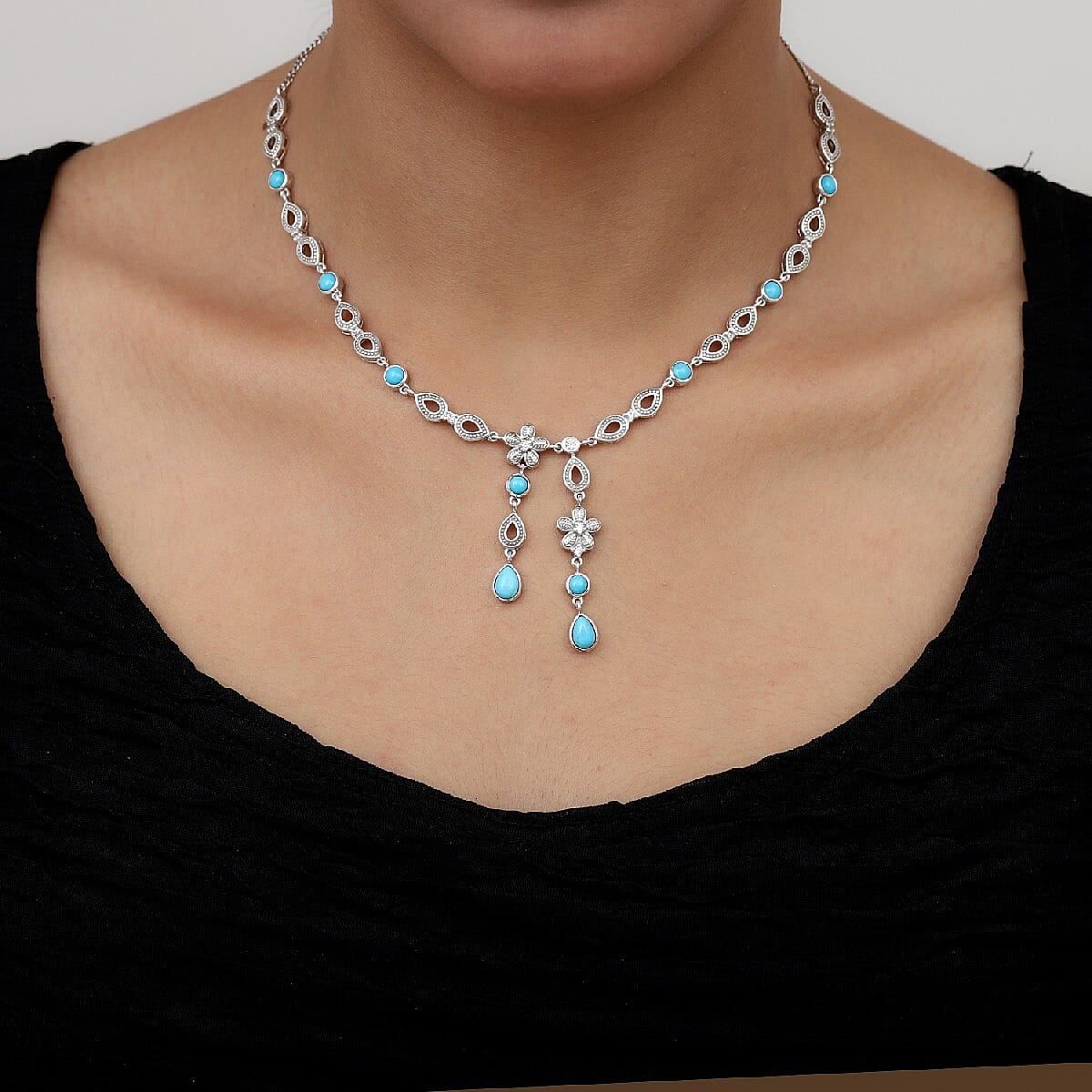 3.71 Ct Sleeping Beauty Turquoise and Zircon Necklace Size 18 Inch in Platinum Plated Sterling Silver 3839702 2