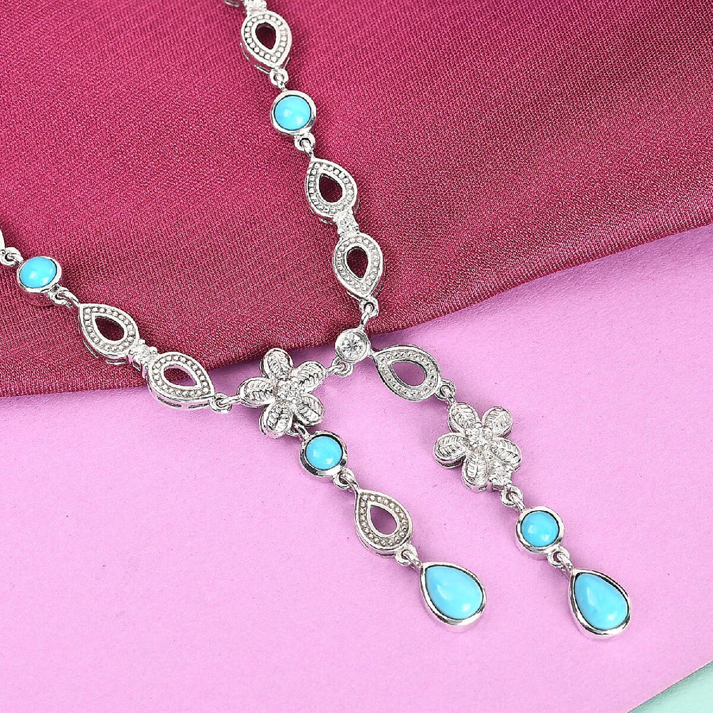 Arizona Sleeping Beauty Turquoise and Natural Cambodian Zircon Necklace (Size 18 with 2 inch Extender) in Platinum Overlay Sterling Silver 4.26 Ct, Silver Wt. 17.83 Gms