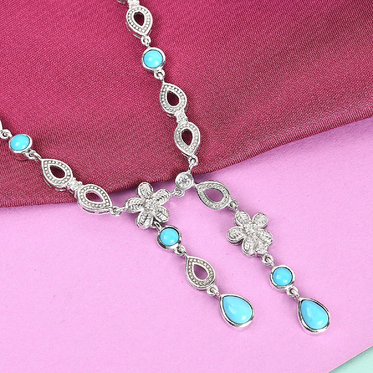 3.71 Ct Sleeping Beauty Turquoise and Zircon Necklace Size 18 Inch in Platinum Plated Sterling Silver 3839702 3