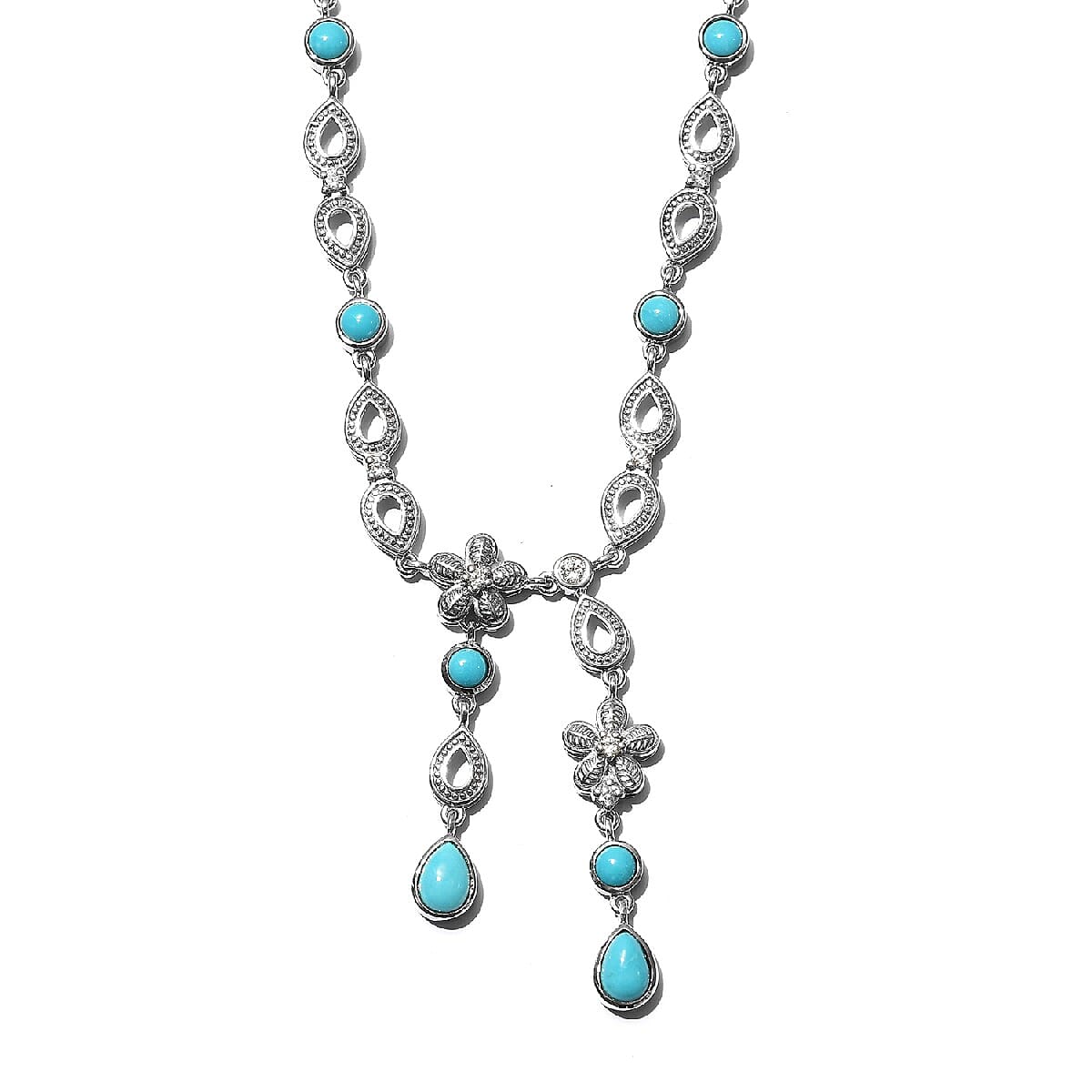 3.71 Ct Sleeping Beauty Turquoise and Zircon Necklace Size 18 Inch in Platinum Plated Sterling Silver 3839702 4