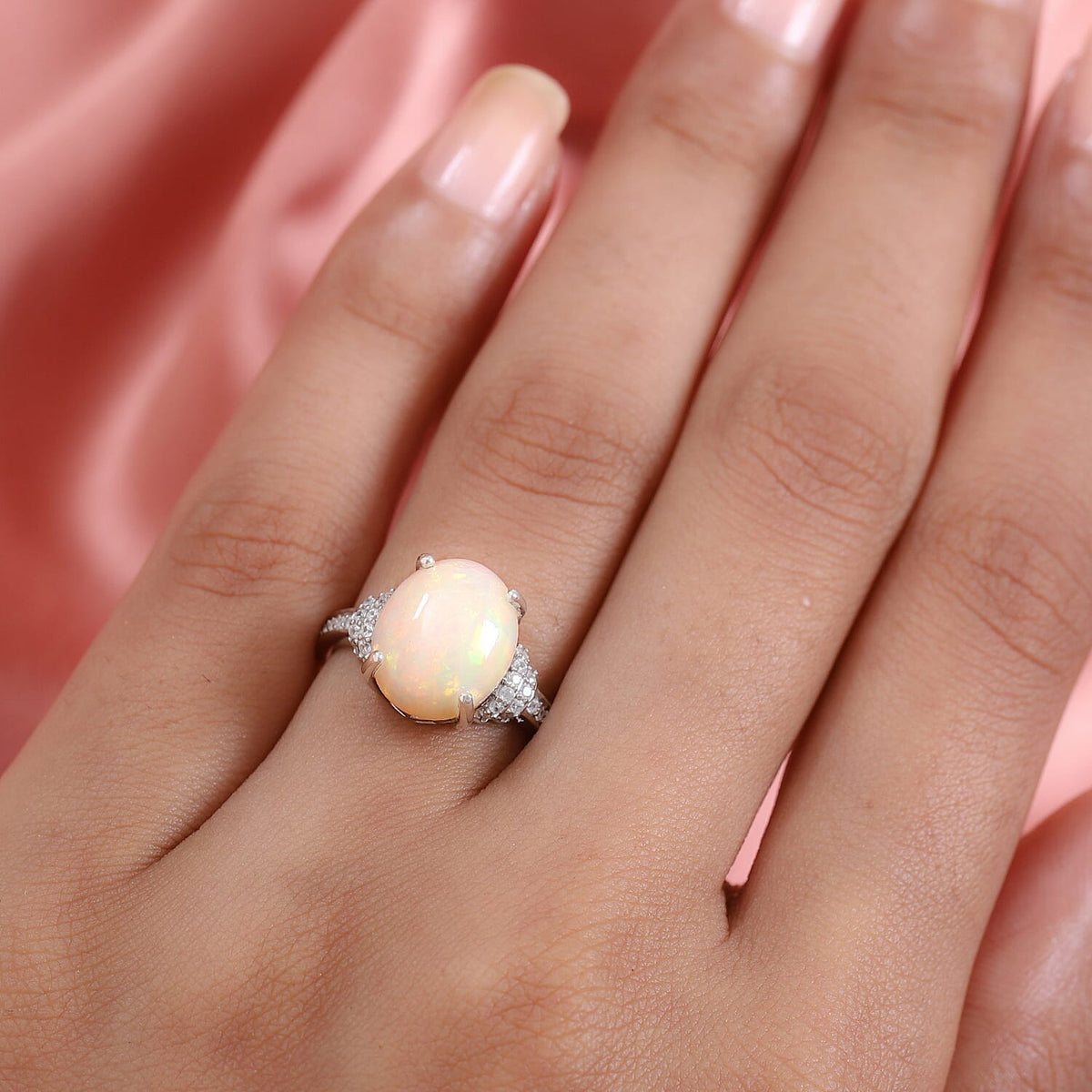 3.75 Ct Wegel Tena Opal and Natural Zircon Ring in Platinum Plated Sterling Silver 7333947 3