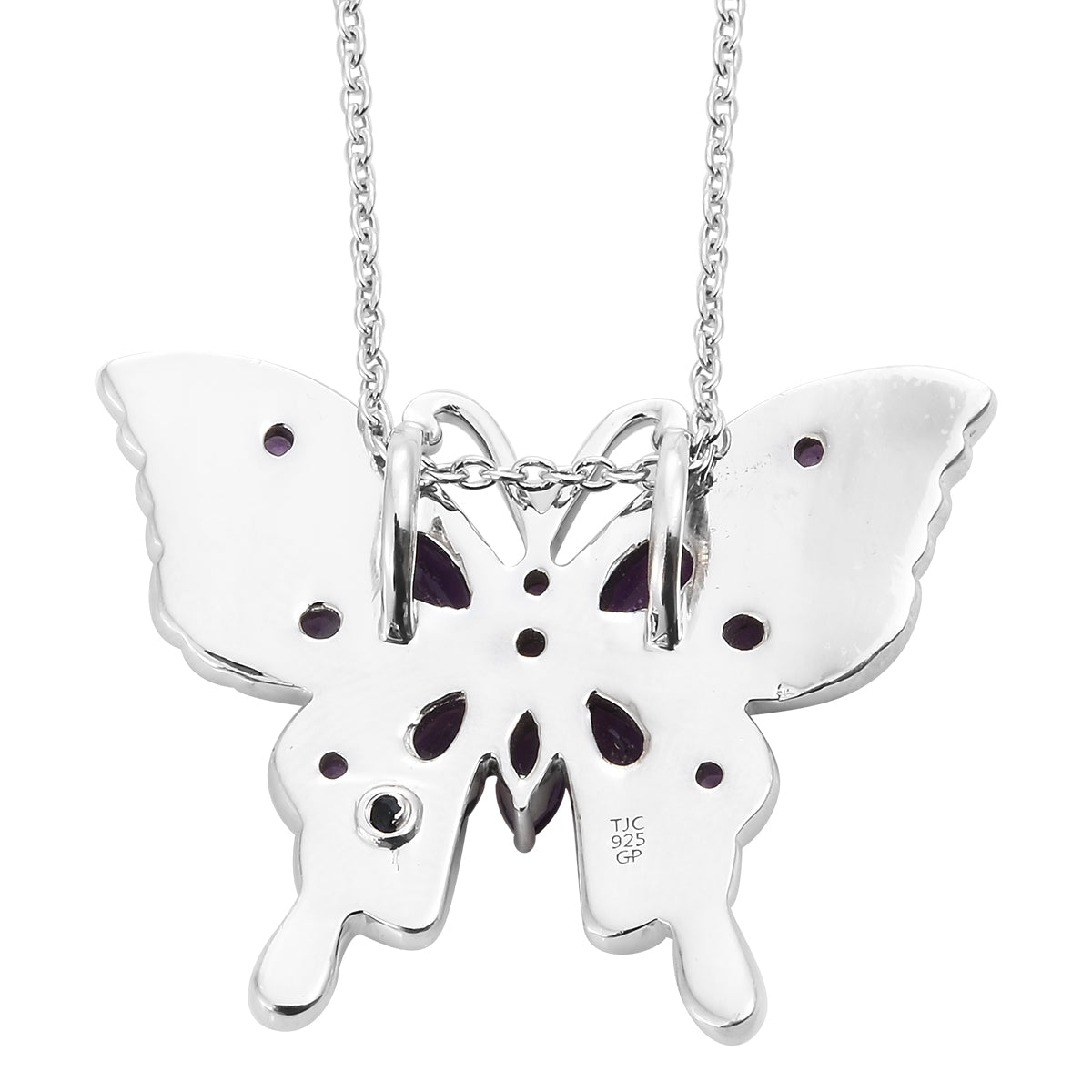 GP - African Amethyst &amp; Blue Sapphire Purple Colour Enameled Butterfly Pendant with Chain (Size - 20) in Rhodium Overlay Sterling Silver 1.90 Ct. 3066144 5