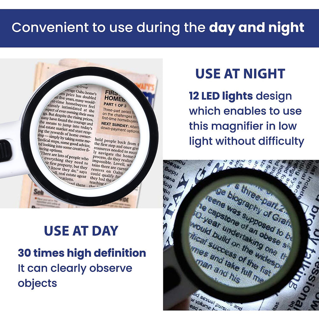 30x Handheld Large Magnifying Glass with 12 LED Illuminated Lighted Magnifier (Requires 2 AA batteries, Not included)