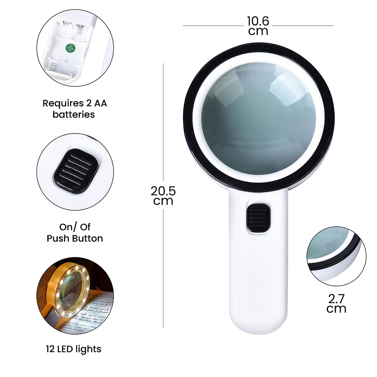 Handheld Large Magnifying Glass with 12 LED Illuminated Lighted Magnifier - 30x (Requires 2 AA batteries, Not included) 6251968 7