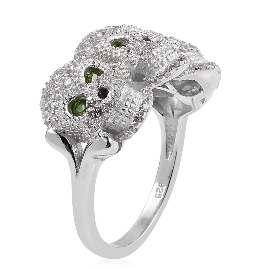 2.82 Ct  Diopside and Multi Gemstone Three Skull Ring in Rhodium Plated Silver 6.70 Grams 3207516 2