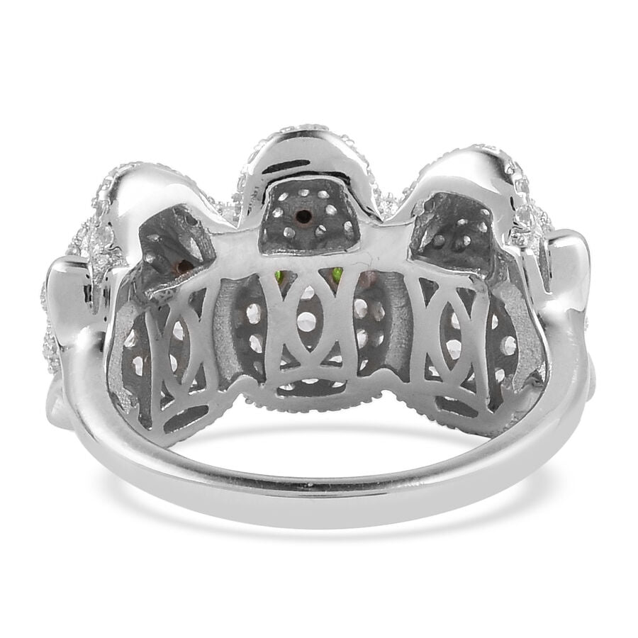 2.82 Ct  Diopside and Multi Gemstone Three Skull Ring in Rhodium Plated Silver 6.70 Grams 3207516 3