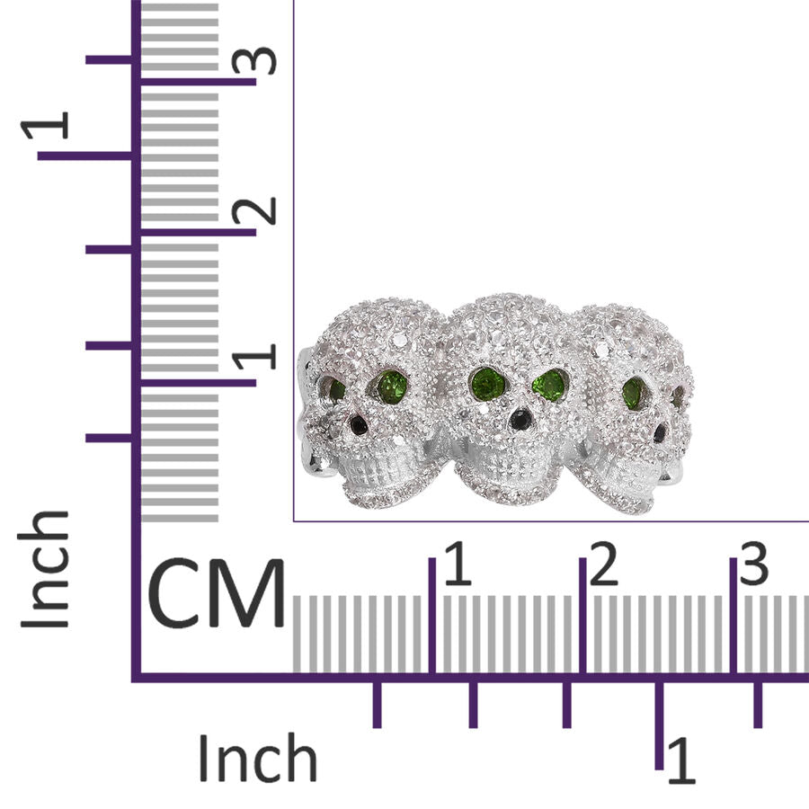 2.82 Ct  Diopside and Multi Gemstone Three Skull Ring in Rhodium Plated Silver 6.70 Grams 3207516 4