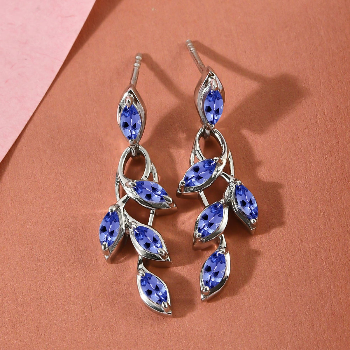 D'Joy - Tanzanite Leaf Dangling Earrings with Push Back in Platinum Overlay Sterling Silver 1.45 Ct. 3223025 2