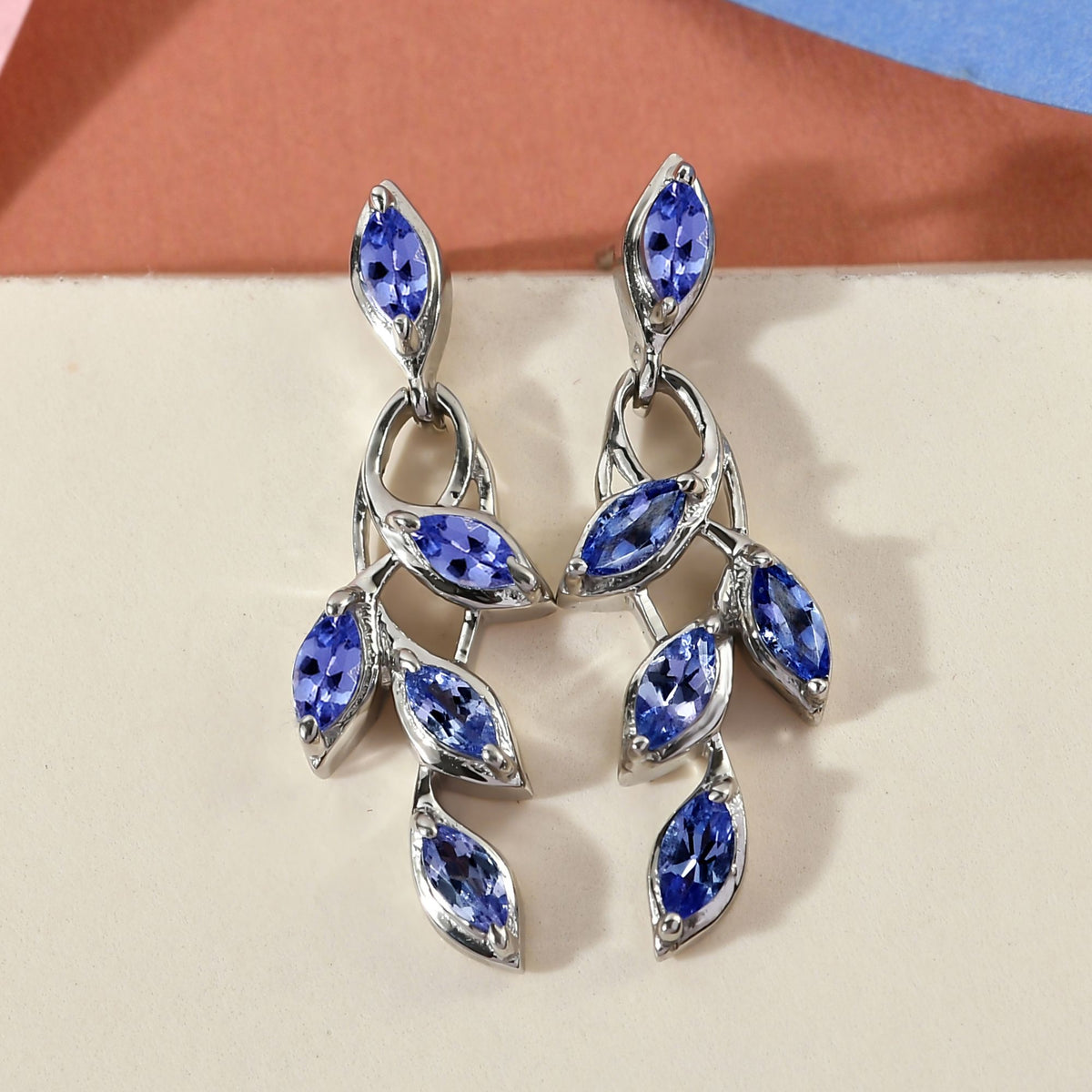 D'Joy - Tanzanite Leaf Dangling Earrings with Push Back in Platinum Overlay Sterling Silver 1.45 Ct. 3223025 3