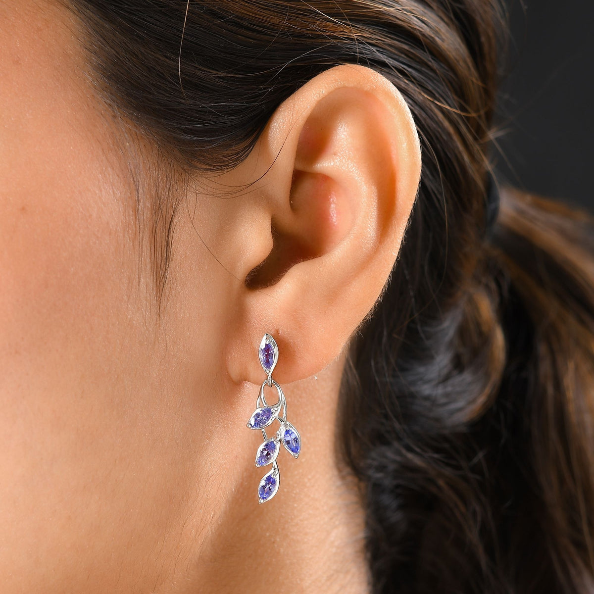 D'Joy - Tanzanite Leaf Dangling Earrings with Push Back in Platinum Overlay Sterling Silver 1.45 Ct. 3223025 4