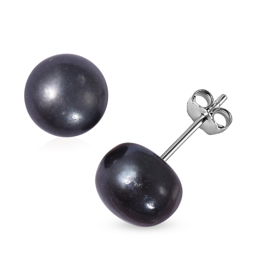 Fresh Water Peacock Pearl (8-10mm) Stud Earrings with Push Back in Rhodium Overlay Sterling Silver 9.70 Ct._3258481