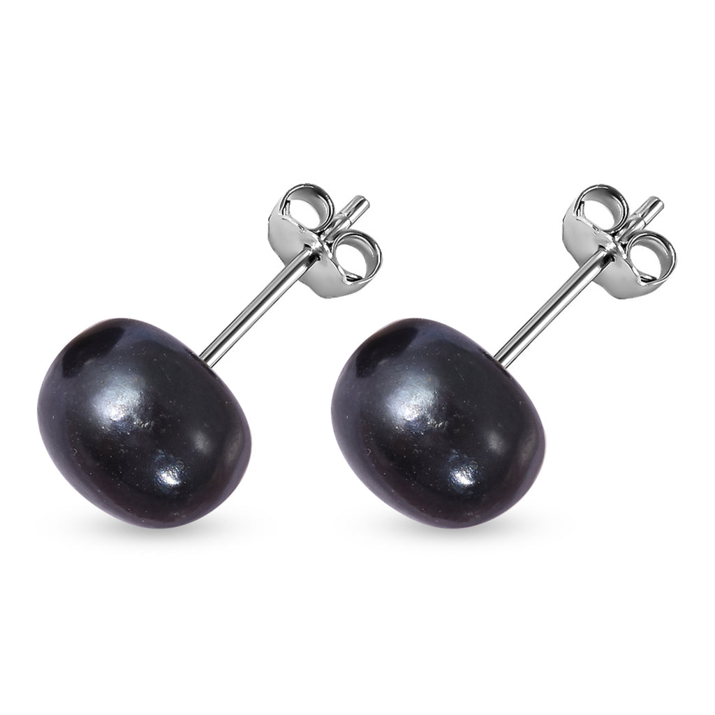 Fresh Water Peacock Pearl (8-10mm) Stud Earrings with Push Back in Rhodium Overlay Sterling Silver 9.70 Ct._3258481_5