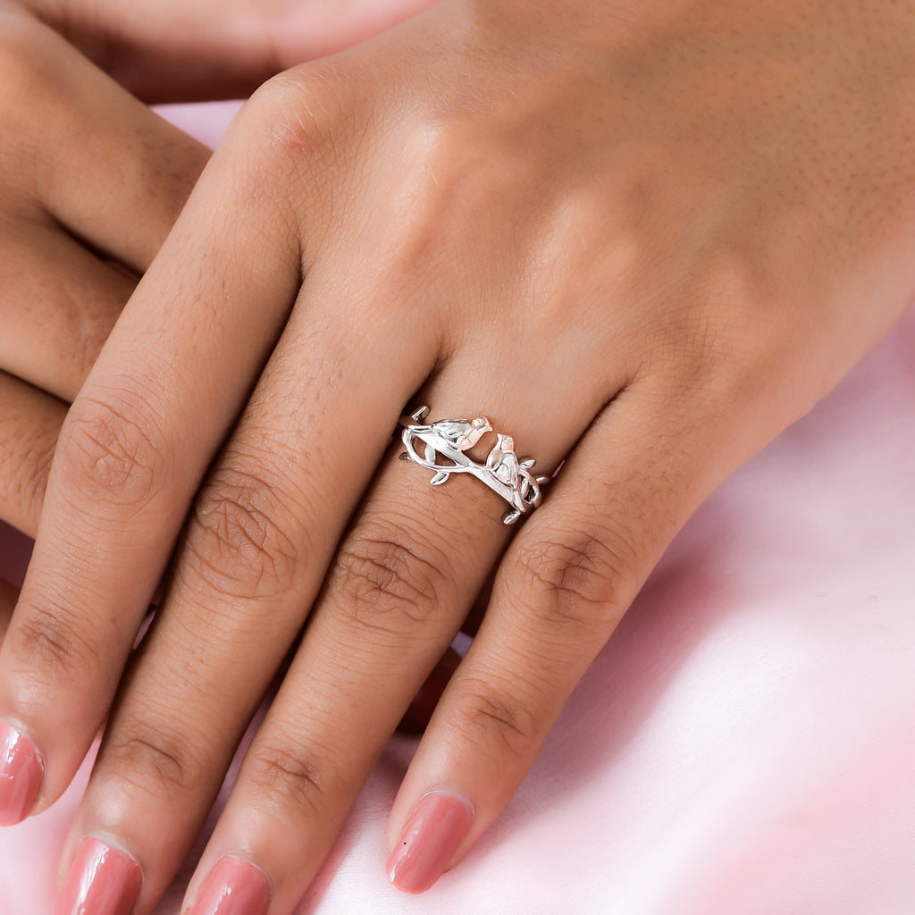 Couple Bird Ring in Platinum Overlay & 18K Vermeil Rose Gold Plated Sterling Silver_3270445_2
