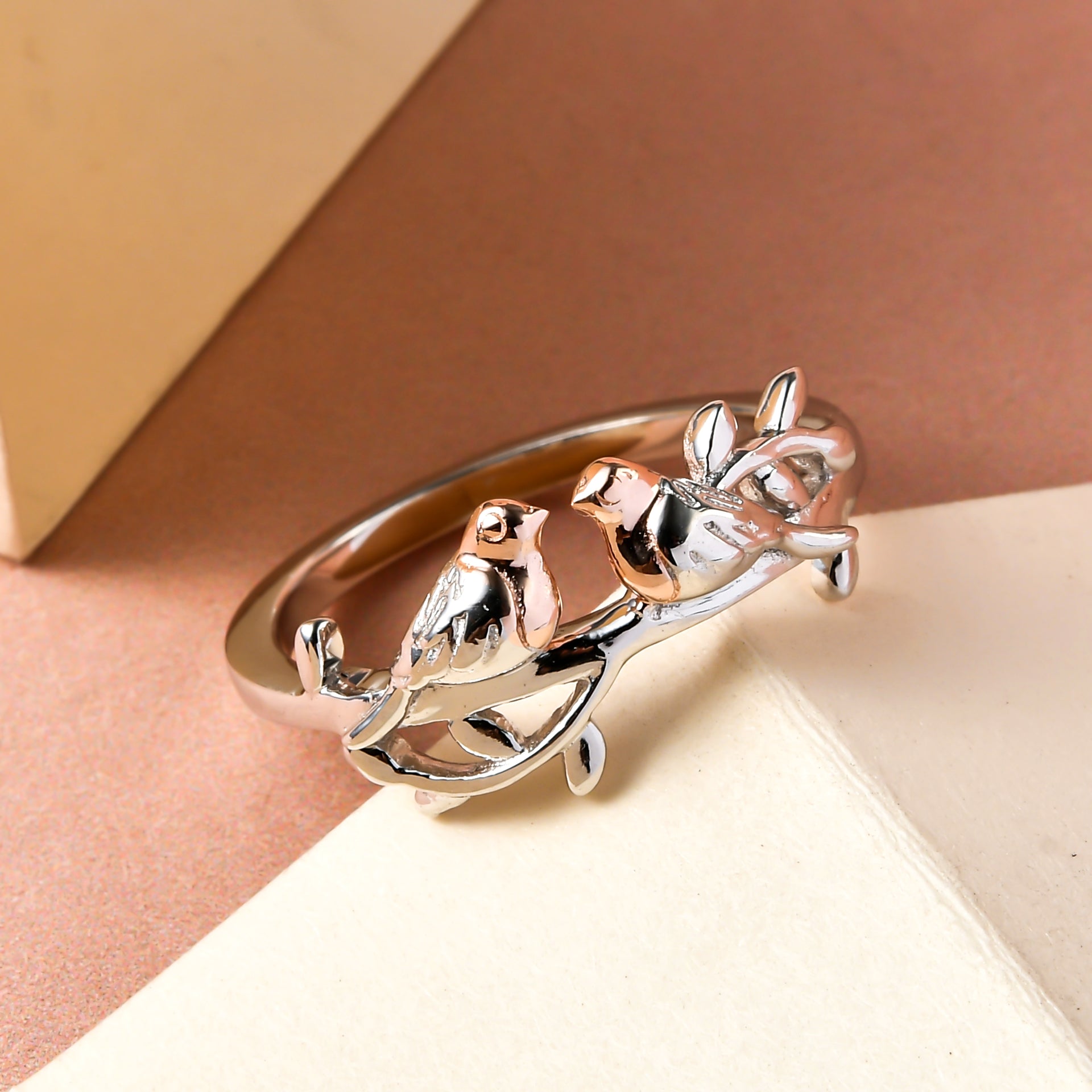 Couple Bird Ring in Platinum Overlay &amp; 18K Vermeil Rose Gold Plated Sterling Silver V32531753 4