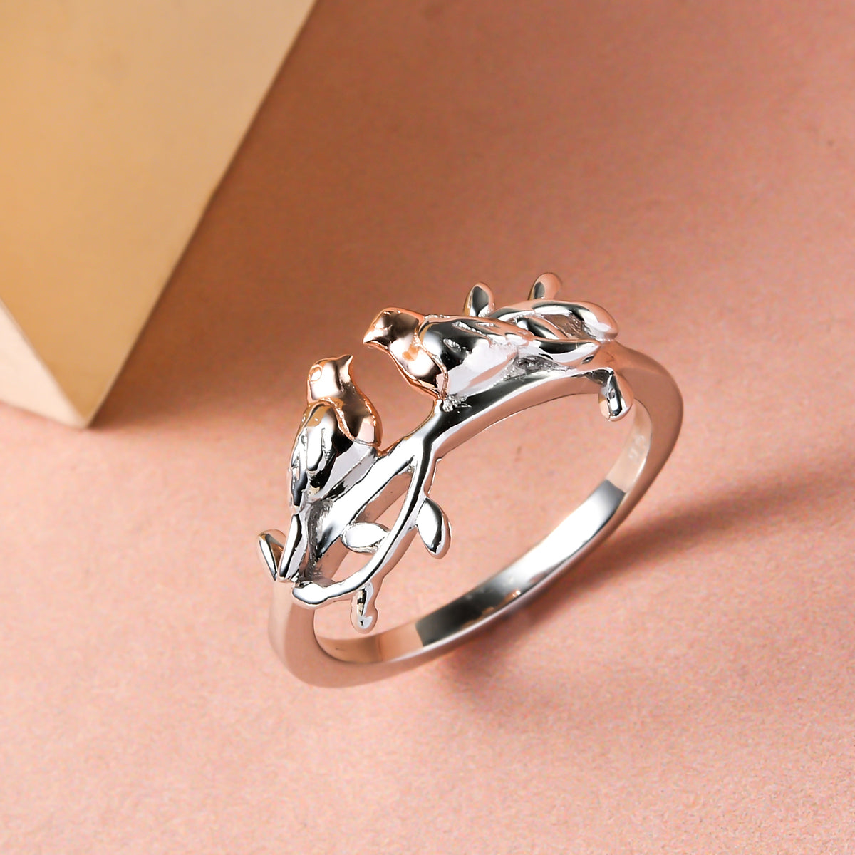 Couple Bird Ring in Platinum Overlay &amp; 18K Vermeil Rose Gold Plated Sterling Silver V32531753 5