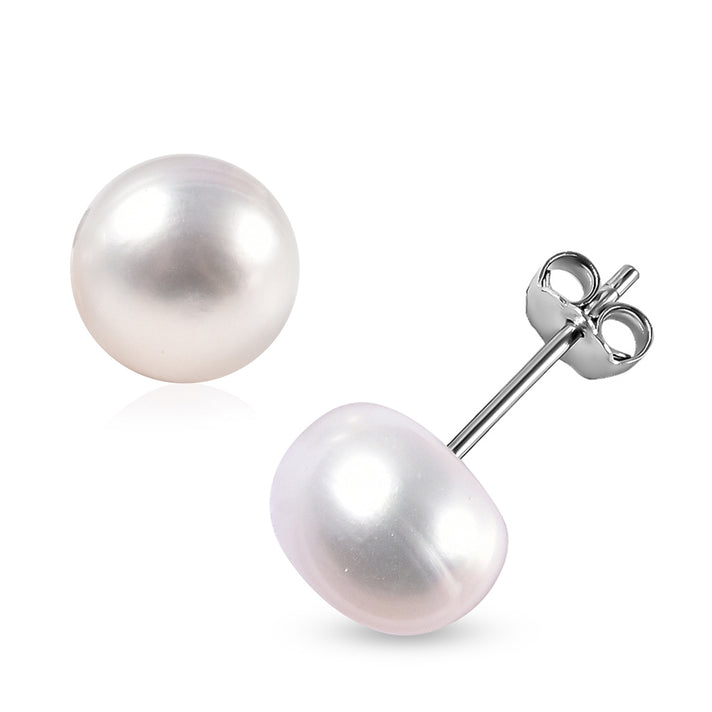 Peach Pearl (9-10 mm) Solitaire Earrings in Rhodium Plated Silver 3279289 1