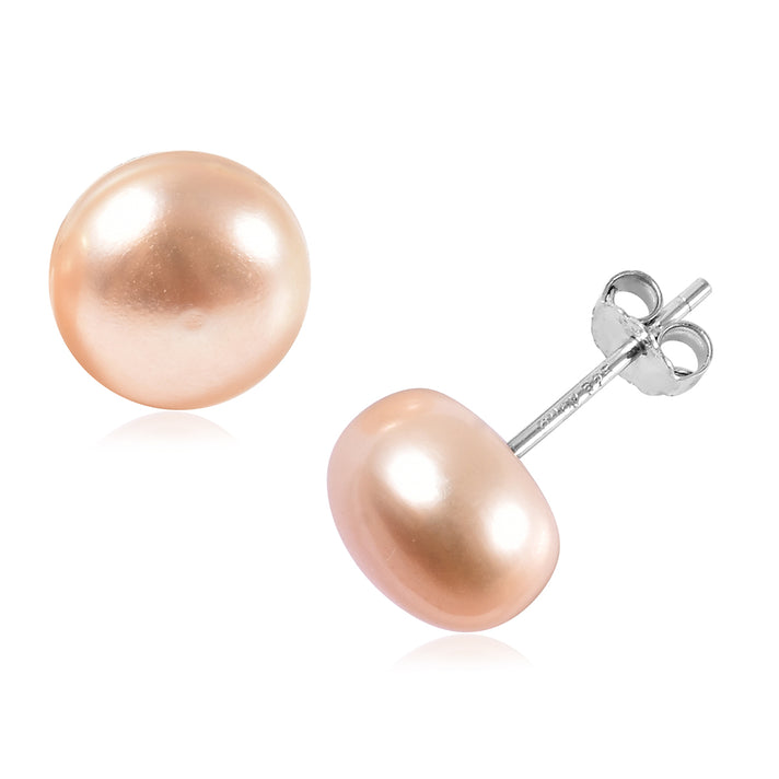 Peach Pearl (9-10 mm) Solitaire Earrings in Rhodium Plated Silver 3279289 1