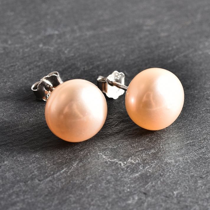 Peach Pearl (9-10 mm) Solitaire Earrings in Rhodium Plated Silver 3279289 2