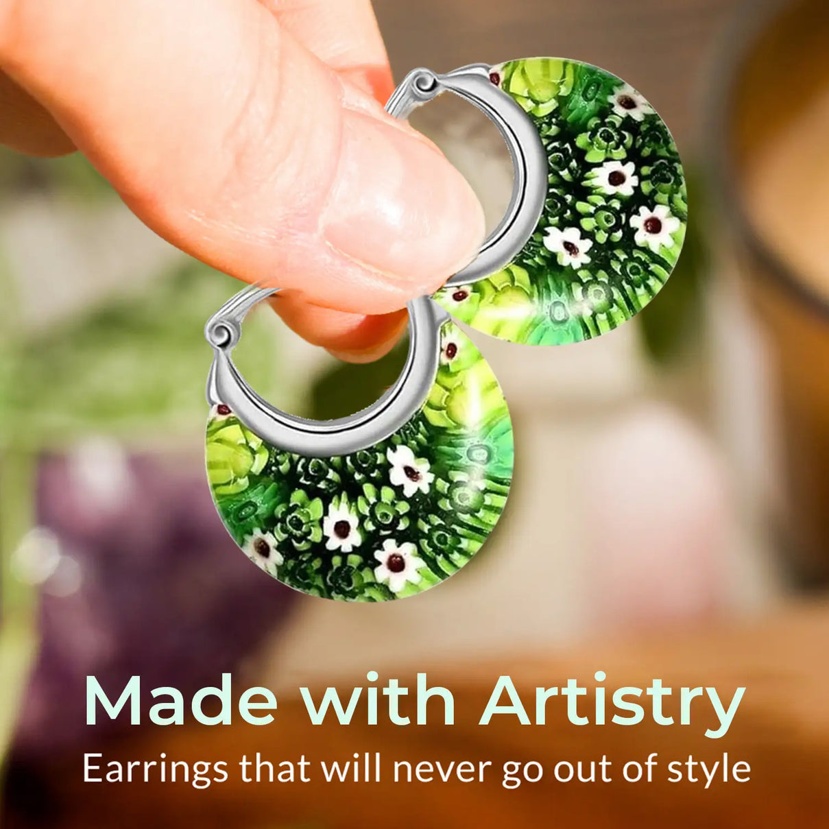 Green Murano Style Hoop Basket Earrings in Stainless Steel V32513428 2