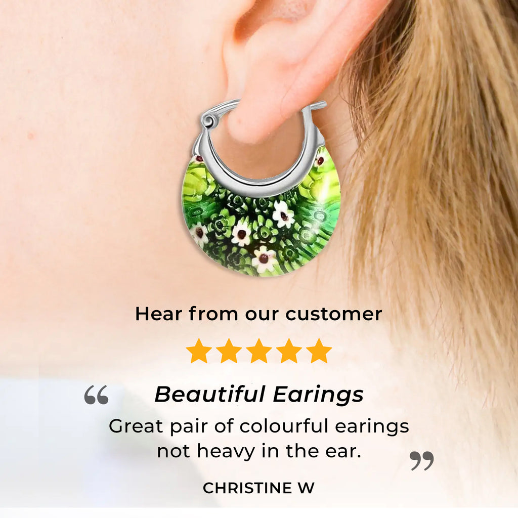 Green Murano Glass Flower Eanameling Hoop Earring with Clasp_3335269_5