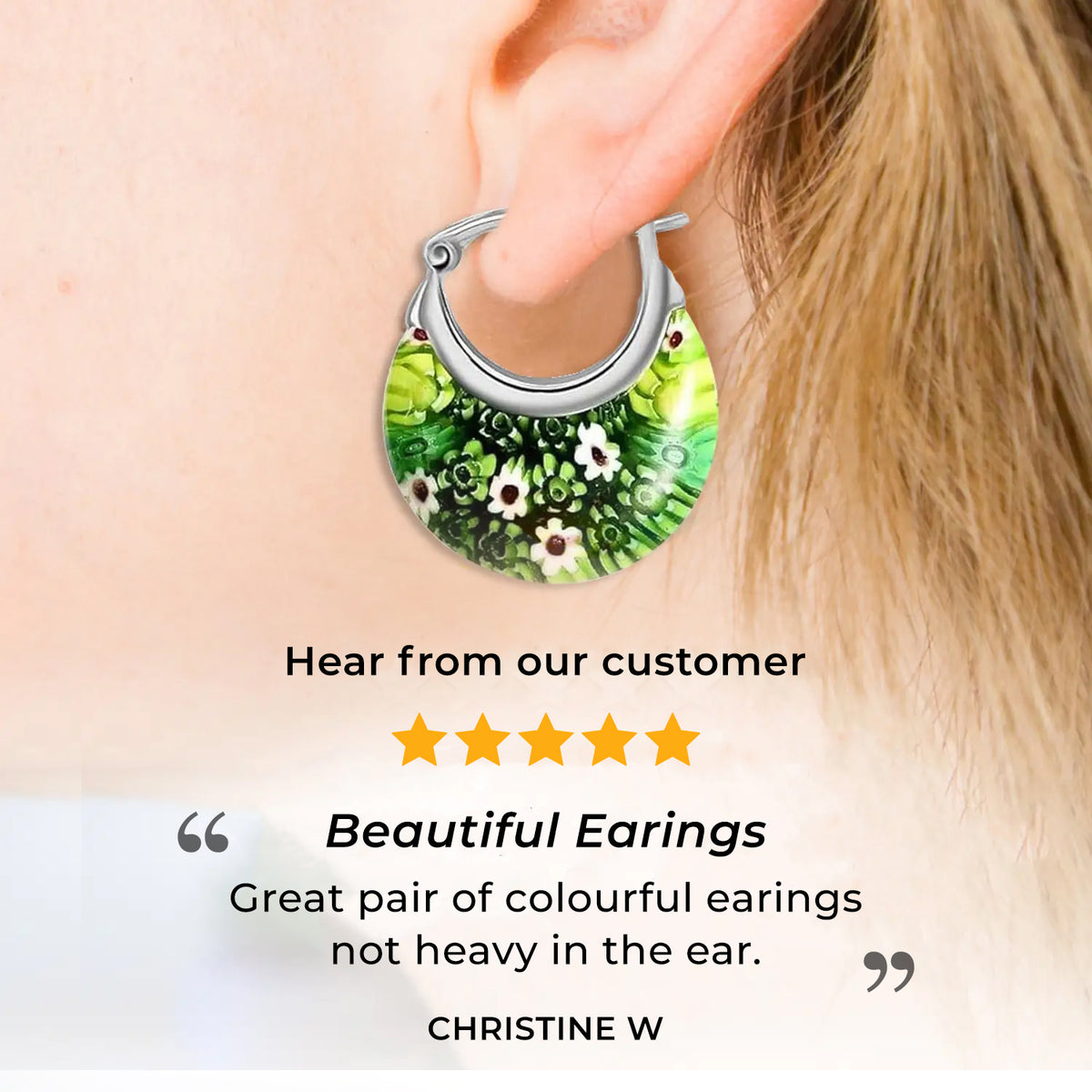 Green Murano Style Hoop Basket Earrings in Stainless Steel V32513428 6
