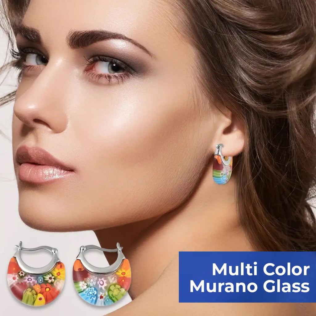 Multi Colour Murano Style Glass Flower Eanameling Hoop Earrings with Clasp_3335270_3