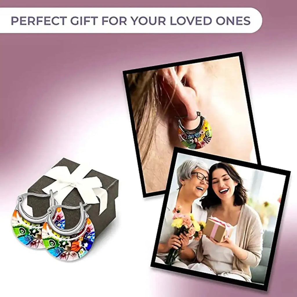 Multi Colour Murano Style Glass Flower Eanameling Hoop Earrings with Clasp_3335270_4