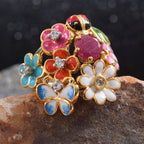 GP - African Ruby, Natural Cambodian Zircon & Blue Sapphire Enamelled Floral and Ladybug Ring in 18K Vermeil Yellow Gold Plated Sterling Silver_3411636_1