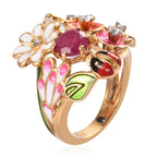 GP - African Ruby, Natural Cambodian Zircon & Blue Sapphire Enamelled Floral and Ladybug Ring in 18K Vermeil Yellow Gold Plated Sterling Silver_3411636_3