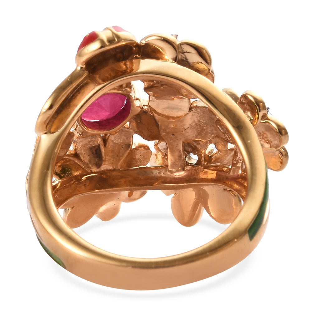 GP - African Ruby, Natural Cambodian Zircon & Blue Sapphire Enamelled Floral and Ladybug Ring in 18K Vermeil Yellow Gold Plated Sterling Silver_3411636_4