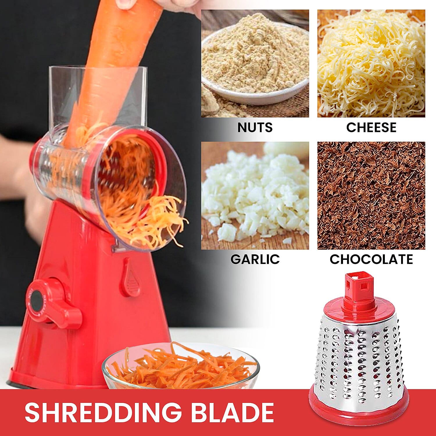 3-in-1 Easyway Rotary Cheese Grater, Vegetable and Fruit Slicer - Red 3528957 2