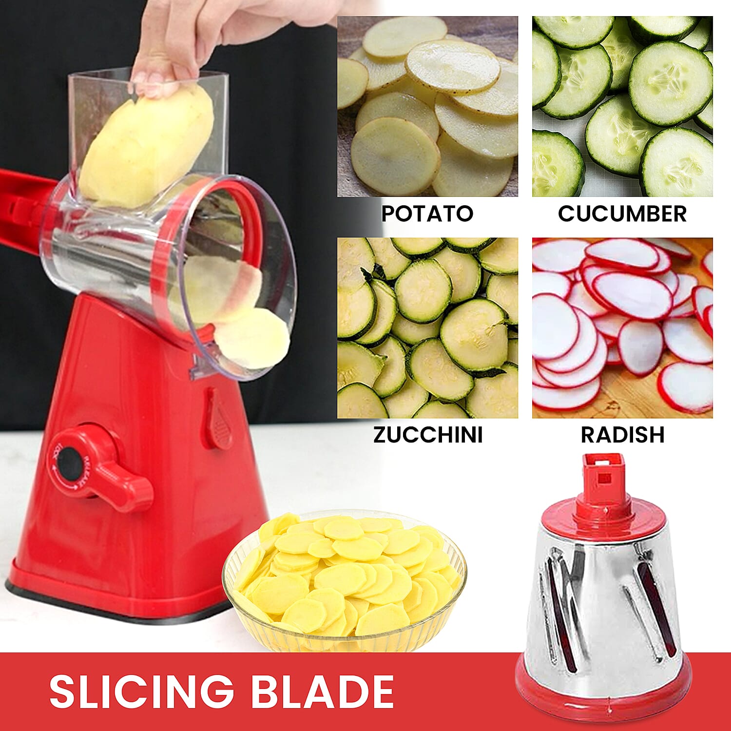 3-in-1 Easyway Rotary Cheese Grater, Vegetable and Fruit Slicer - Red 3528957 3