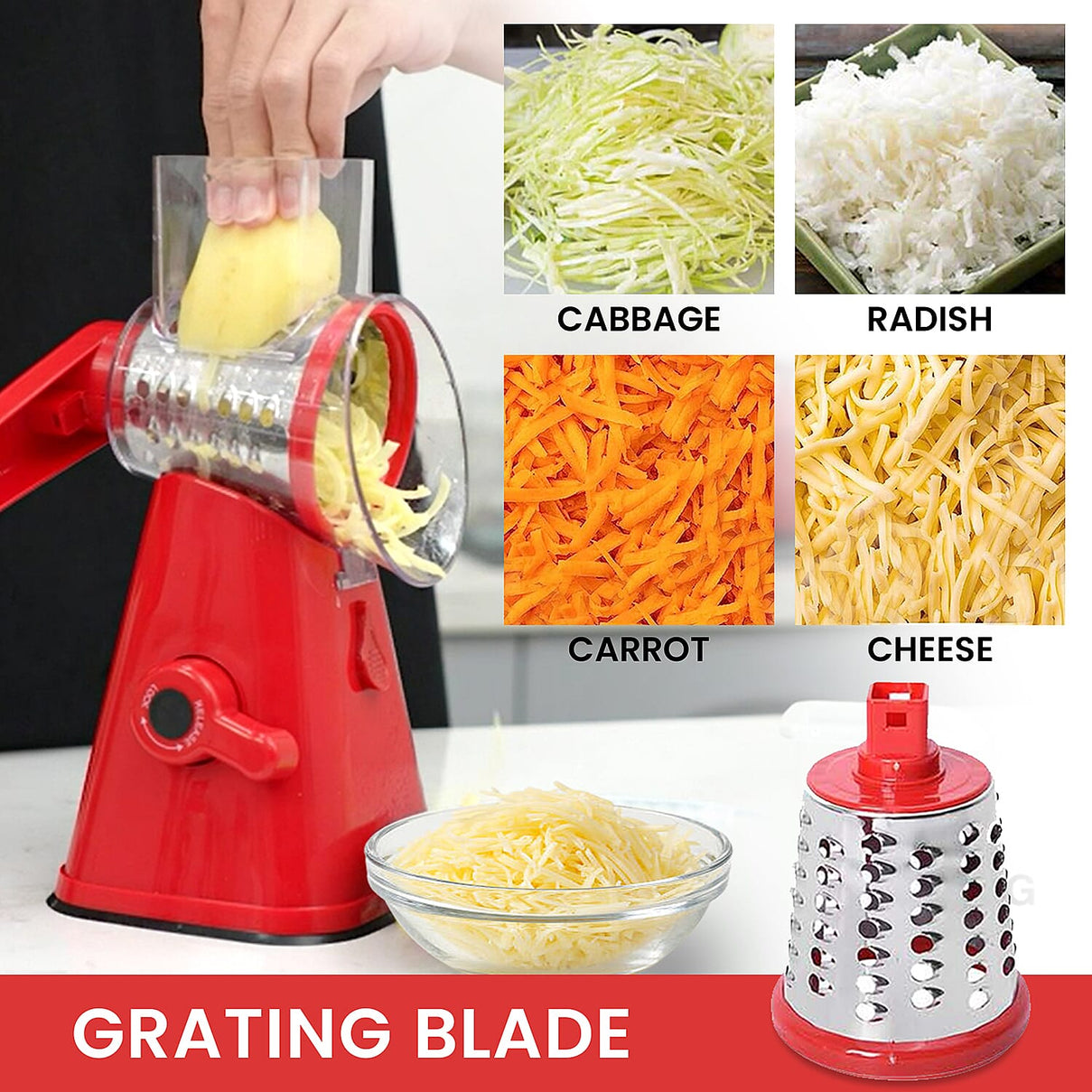 3-in-1 Easyway Rotary Cheese Grater, Vegetable and Fruit Slicer - Red 3528957 4