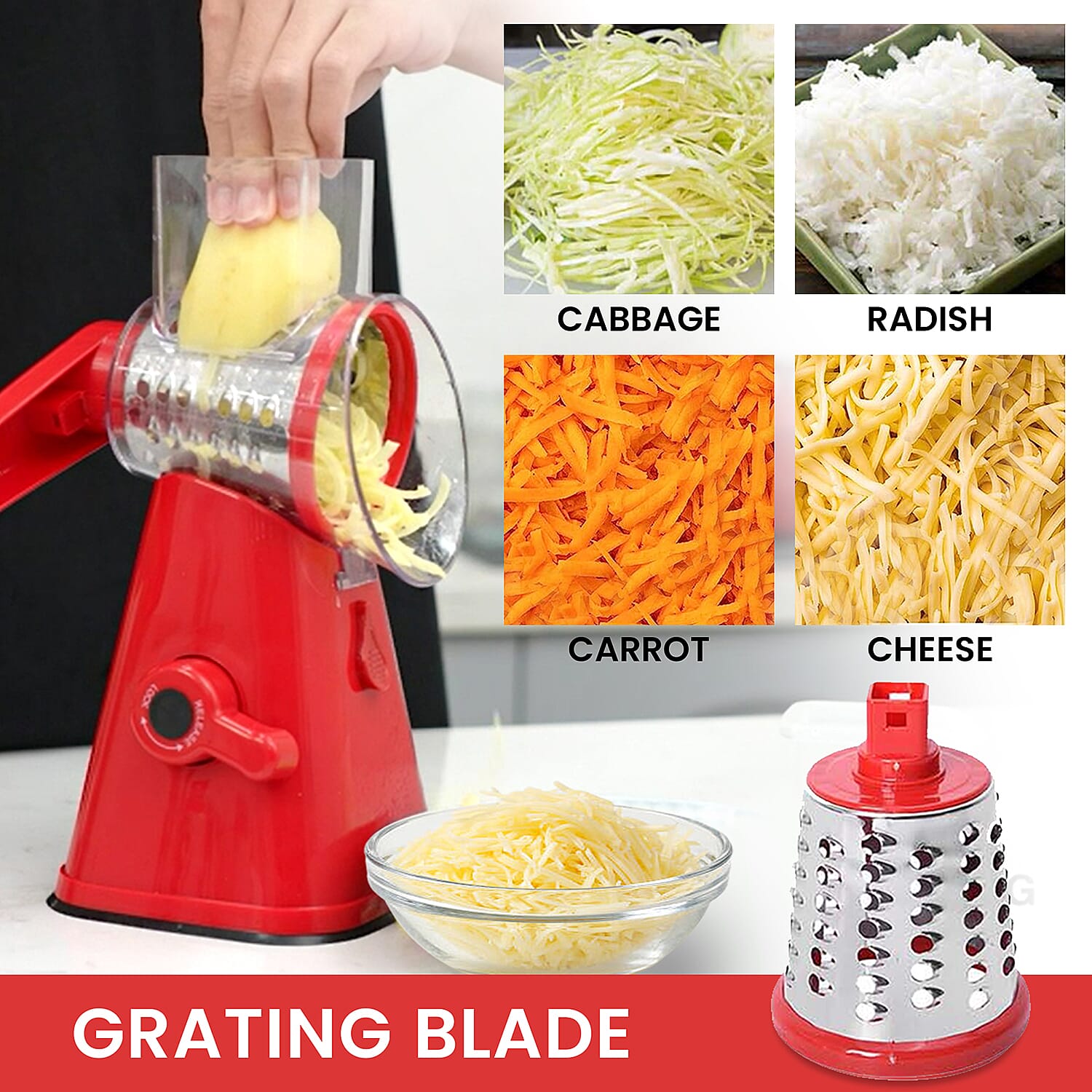 3-in-1 Easyway Rotary Cheese Grater, Vegetable and Fruit Slicer - Red 3528957 4