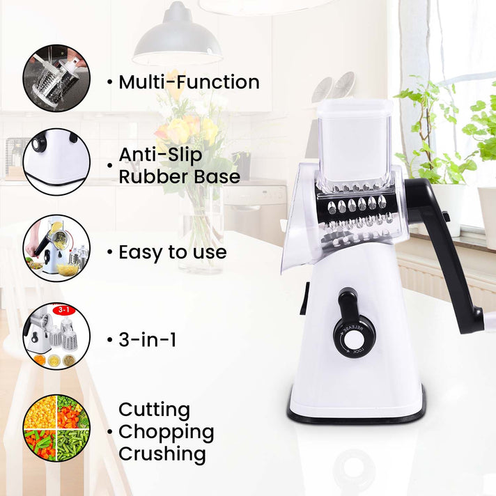 Rotary Cheese Grater Vegetable &amp; Fruit Slicer 3-in-1 with Slicing Shredding and Grating Blades - White 3528958 2
