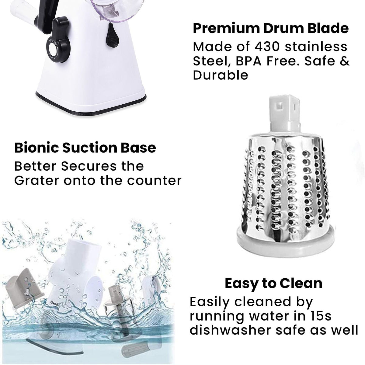Rotary Cheese Grater Vegetable &amp; Fruit Slicer 3-in-1 with Slicing Shredding and Grating Blades - White V32605110 5