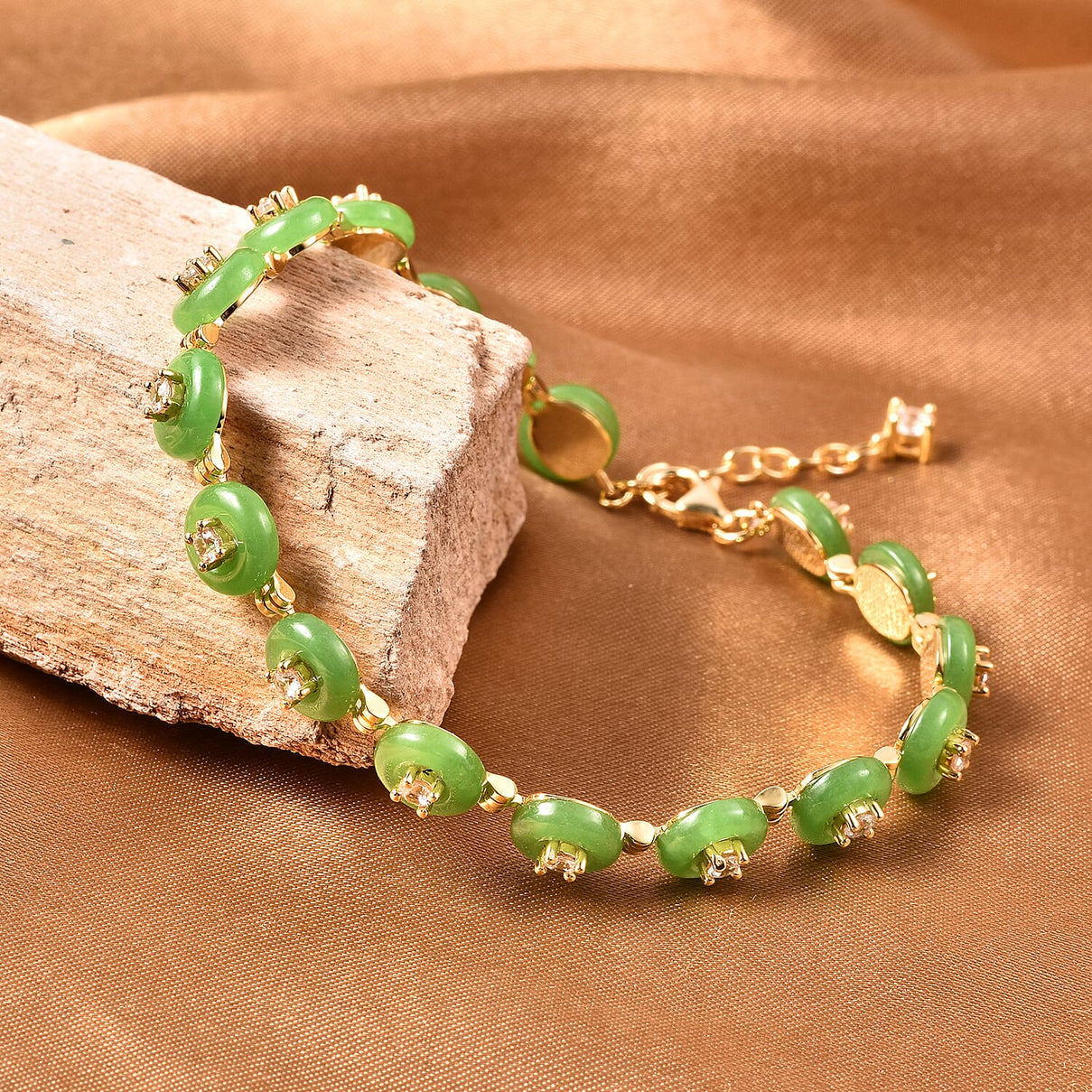 36.7 Ct. Green Jade and Natural Cambodian Zircon Bracelet in Yellow Gold Overlay Sterling Silver 3706665 2