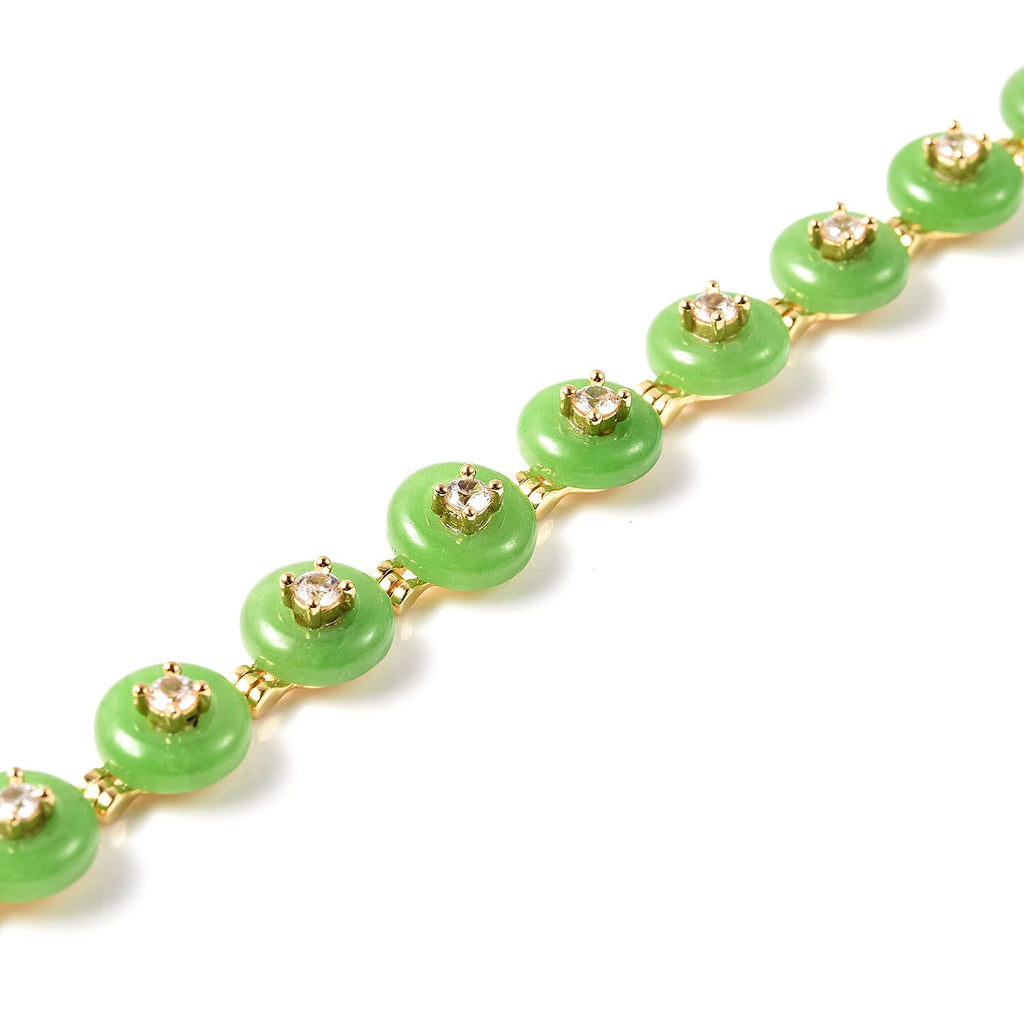 Green Jade and Natural Cambodian Zircon Bracelet (Size 7.5 with 1 inch Extender) in Yellow Gold Overlay Sterling Silver 36.71 Ct.